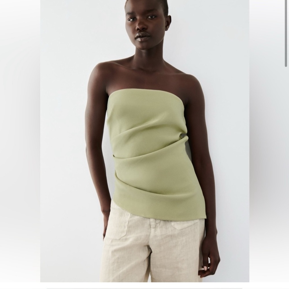 Zara Green Rouched Strapless Blouse